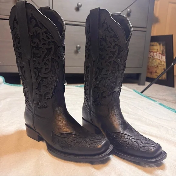 JB Dillion Black Leather & Sequin Cowboy Boots Size 7 1/2 (7.5) Never Worn. - Picture 8 of 9